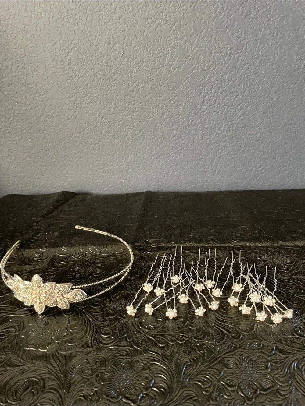 Silver Crystal Floral Headband with Pearl Hair Pins Set